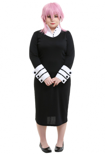 Plus Size Women Gothic Witch Halloween Costume Black and White Turtleneck Collar Unique Design Sleeves Midi Dress