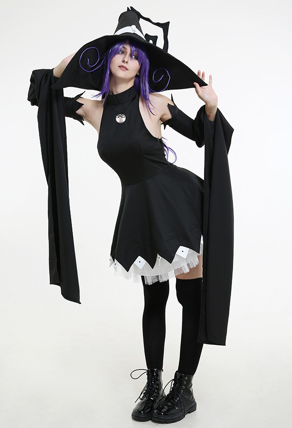 Blair Gothic Dark Night Witch Dress Black Lace Decorated Hem Long Off-Shoulder Sleeves Halloween Costume with Witch Hat