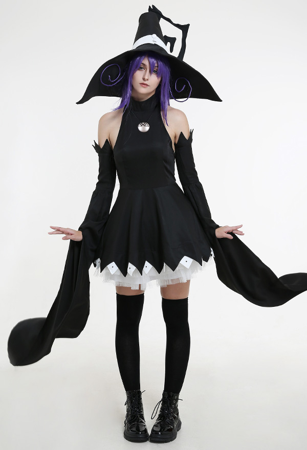 Blair Gothic Dark Night Witch Dress Black Lace Decorated Hem Long Off-Shoulder Sleeves Halloween Costume with Witch Hat