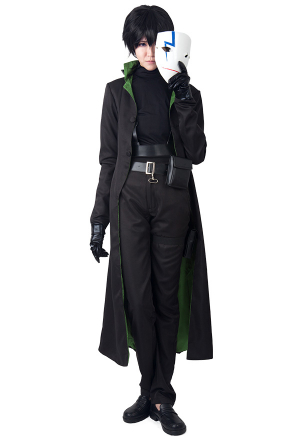 Unisex Gothic Dark Hooded Uniform Black and Green Cloth Long Sleeve Halloween Costume for Adult with Belt