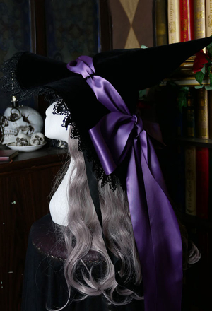 Women Lolita Witch Hat Fleece Halloween Hat with Veil