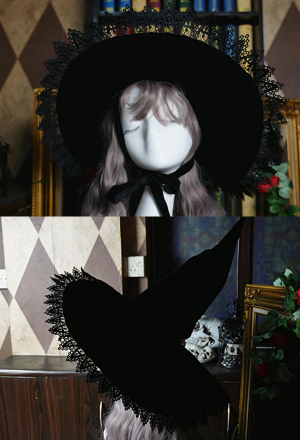 Halloween Witch In The Forest Hat Gothic Lolita Style Black Double-sided Plush Ribbon Bowknot and Lace Decorated Hat