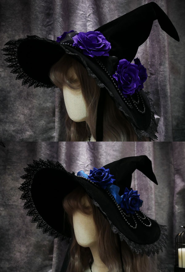 Halloween Romantic Rose Witch Hat With Pearl Gothic Lolita Style Double-sided Lace Trim Hat