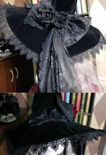 Halloween Gothic Lolita Hat Victorian Style Black Long Ribbon Witch Hat