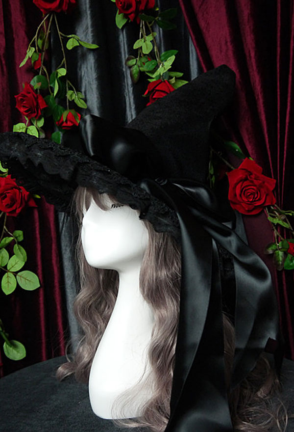 Halloween Gothic Lolita Hat Victorian Style Black Double-sided Plush Witch Hat