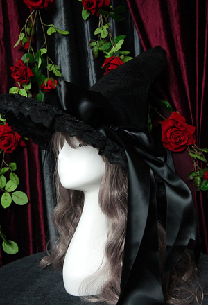 Halloween Witch Hat Gothic Lolita Style Black Double-sided Plush Ribbon Bowknot and Lace Brim Decorated Steeple Hat with Long Lace Mantillas