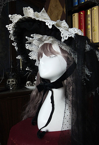 Halloween Victorian Devil Witch Hat Gothic Lolita Style Black Double-sided Plush White Floral Bowknot and Ruffle Decorated Steeple Hat