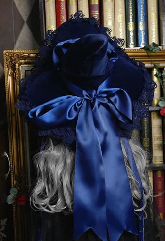 Halloween Victorian Witch Hat Gothic Lolita Hat Vintage Style Black Double-sided Plush Royal Blue Bow Ribbon Decorated Lace Brim Steeple Hat