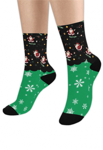 Christmas Unisex Gift Stockings Tree Decoration Black and Green Happily Singing Santa Pattern Hanging Calf Socks Gift Bag for Family Xmas Party  1 Pair