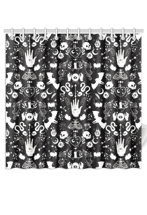 Gothic Black Witch Elements Prints Shower Curtains with Hooks and Grommets 72x72 Inch