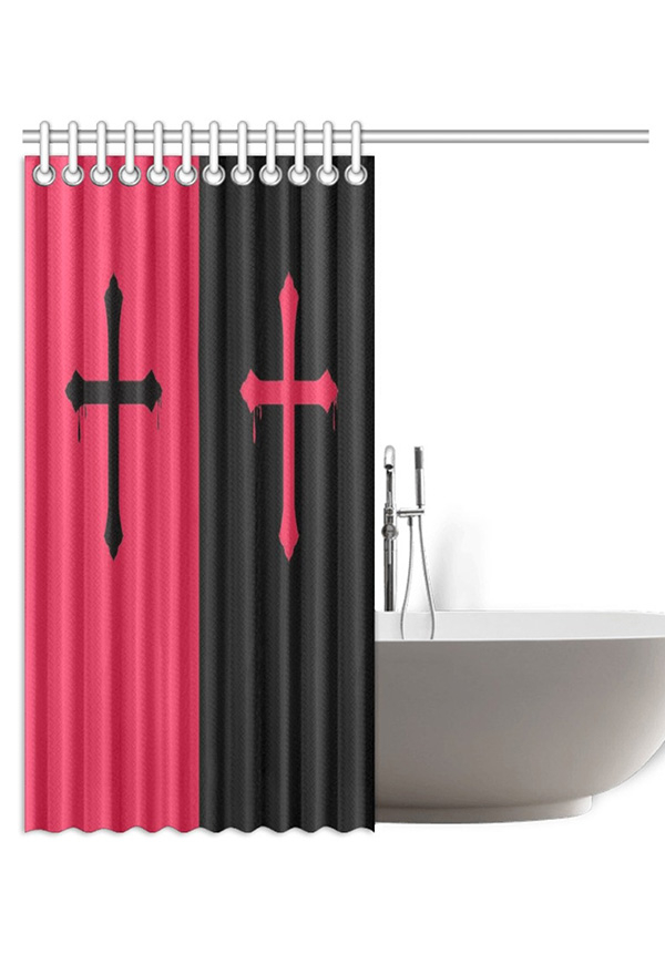 Gothic Black Red Cross Prints Shower Curtains with Hooks and Grommets 72x72 Inch