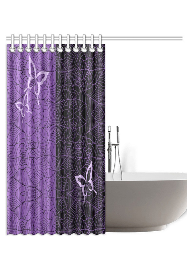 Gothic Black Purple Butterfly Web Prints Shower Curtains with Hooks and Grommets 72x72 Inch