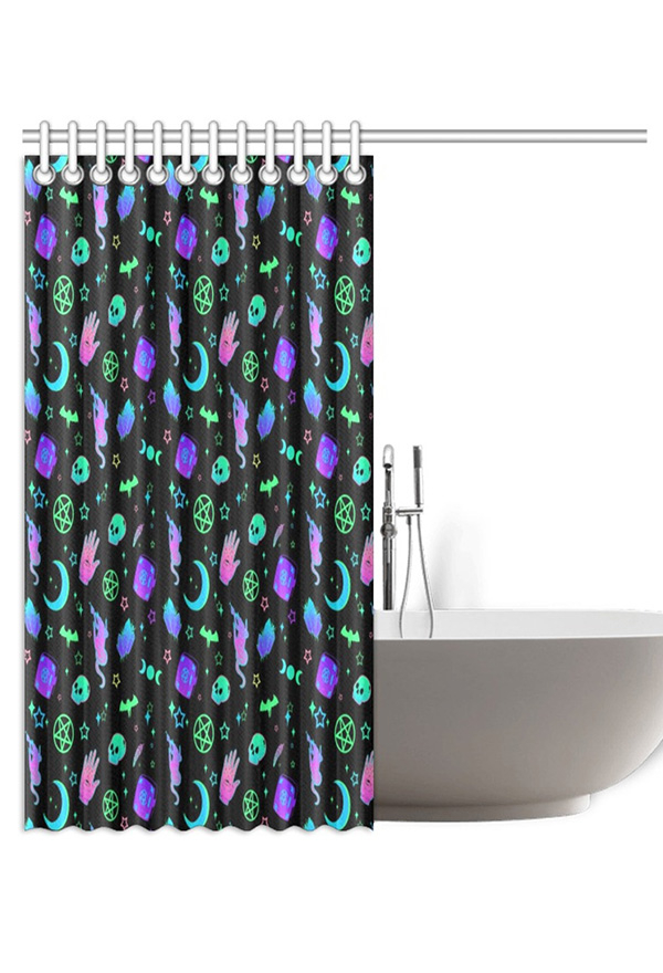 Gothic Black Cyber Witch Web Prints Shower Curtains with Hooks and Grommets 72x72 Inch