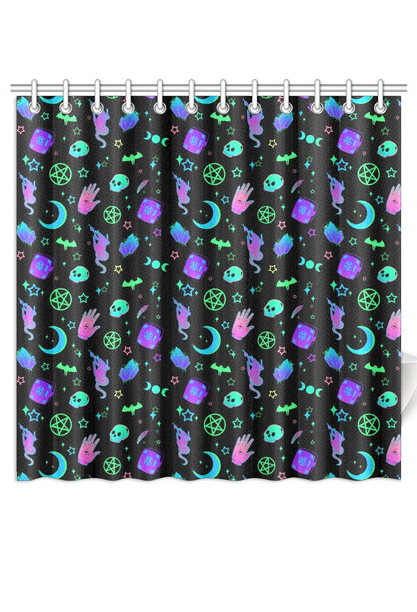 Gothic Black Cyber Witch Web Prints Shower Curtains with Hooks and Grommets 72x72 Inch