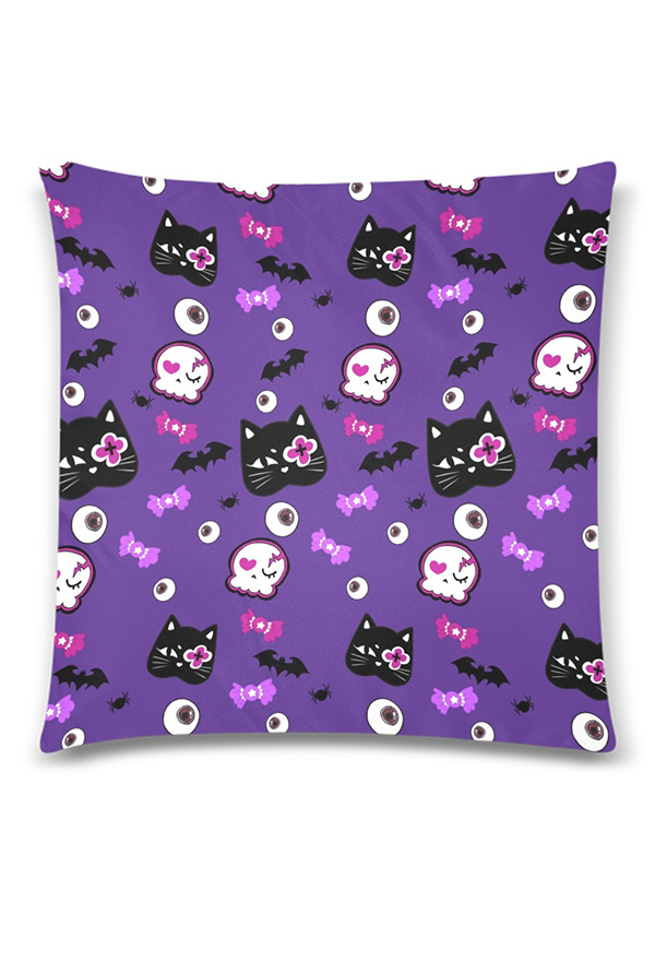 Gothic Purple Cat Skeleton Cozy Throw Pillow Cover 18x18
