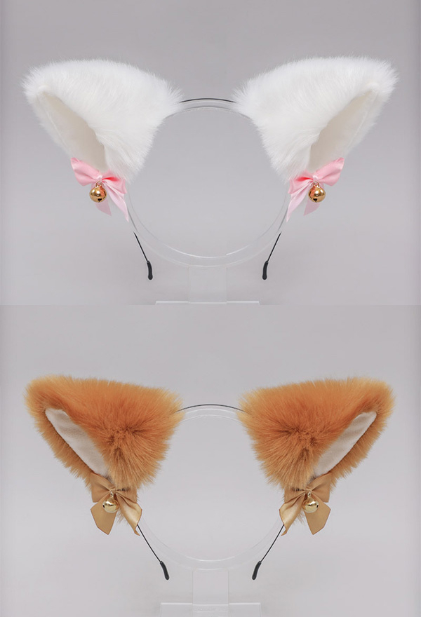 E-Girl Kawaii Lolita Halloween Cat Fox Plush Ears Headband Faux Fur Bell Bow Decorated Cosplay Headband