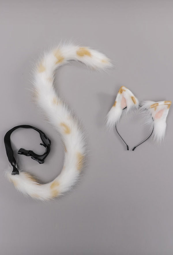 Cute Snow Leopard Plush Ears Headband And JK Tail Set Faux Fur Lolita Anime Cosplay Accessory