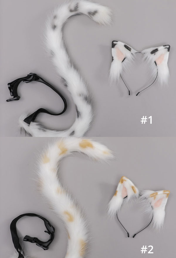 Cute Snow Leopard Plush Ears Headband And JK Tail Set Faux Fur Lolita Anime Cosplay Accessory