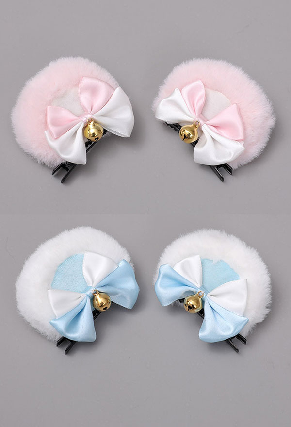 Cute Furry Bow Collar Bear Ears Hair Clips Lolita Faux Fur Anime Cosplay Accessory
