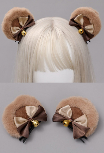 Cute Furry Bow Collar Bear Ears Hair Clips Lolita Faux Fur Anime Cosplay Accessory