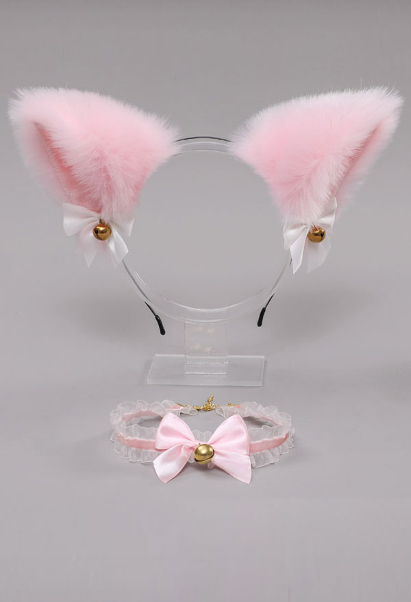 E-Girl Cute Cat Furry Ears Headband And Bow Choker Set Lolita Style Faux Fur Halloween Party Accessory