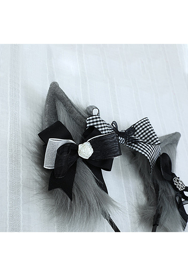 Grunge Egirl Gray Furry Black White Bowknots Decorated Wolf Ear Hairband