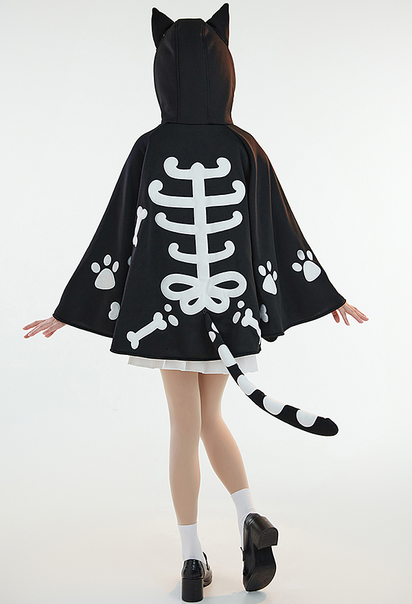 Halloween Kitten Women Gothic Black Skeleton Cat Hooded Cloak