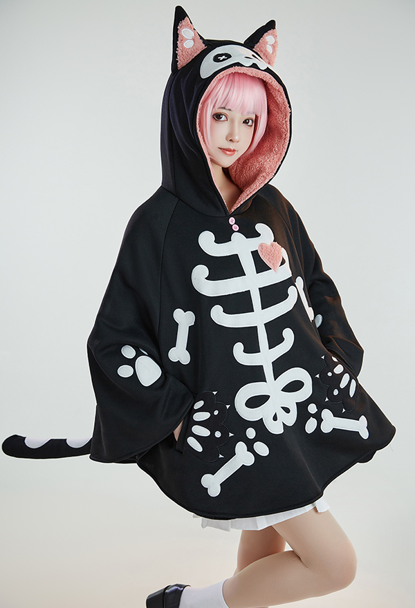Halloween Kitten Women Gothic Black Skeleton Cat Hooded Cloak