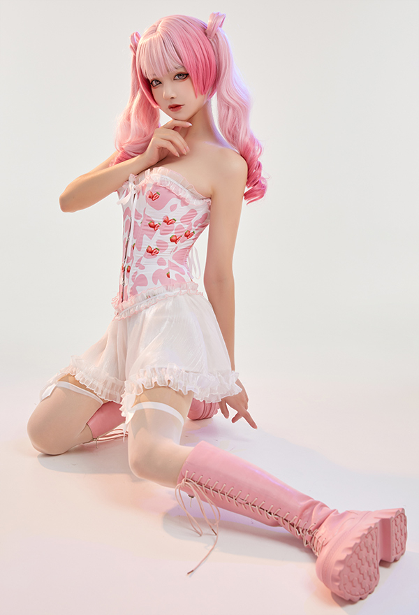Women Sexy Pink White Cow Print Buckle-up Corset Mini Skirt Set