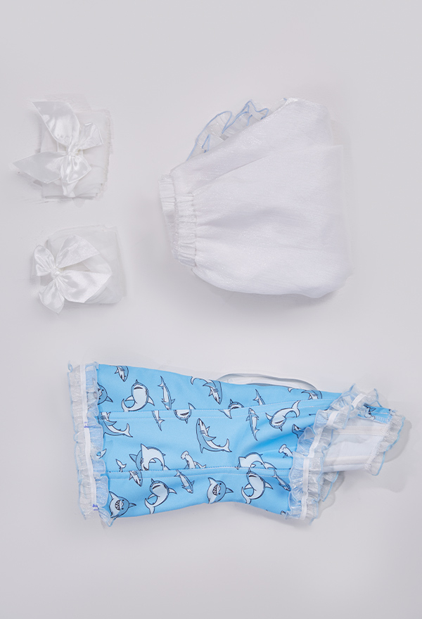 Women Sexy Blue White Shark Print Buckle-up Corset Mini Skirt Set
