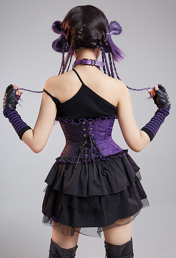 Women Gothic Black Purple Butterfly Web Print Ruffles Underbust Corset
