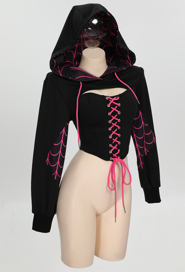 Dark Spider Gothic Lace-up Corset Black Hooded Top and Corset two-piece Set