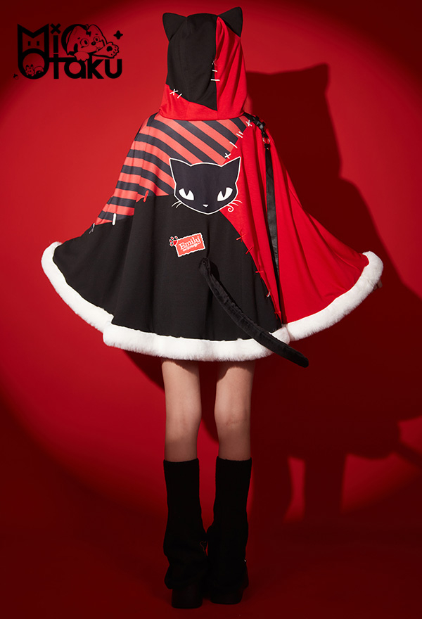 Emily the Strange Striped Fluffy Trim Print Halloween Cloak Costume with Cat Ear Hat