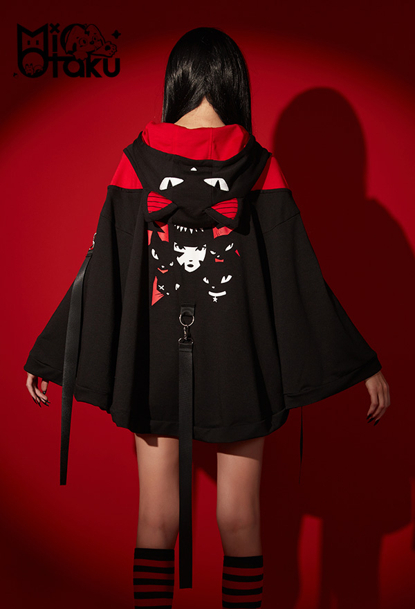 Emily the Strange Cat Ear Hooded Halloween Costume Black Bad Kitten Club Print Cloak Costume