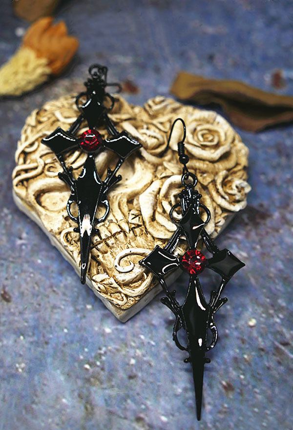 Gothic Lolita Choker Earrings Black Mixed Material Cross Choker Earring