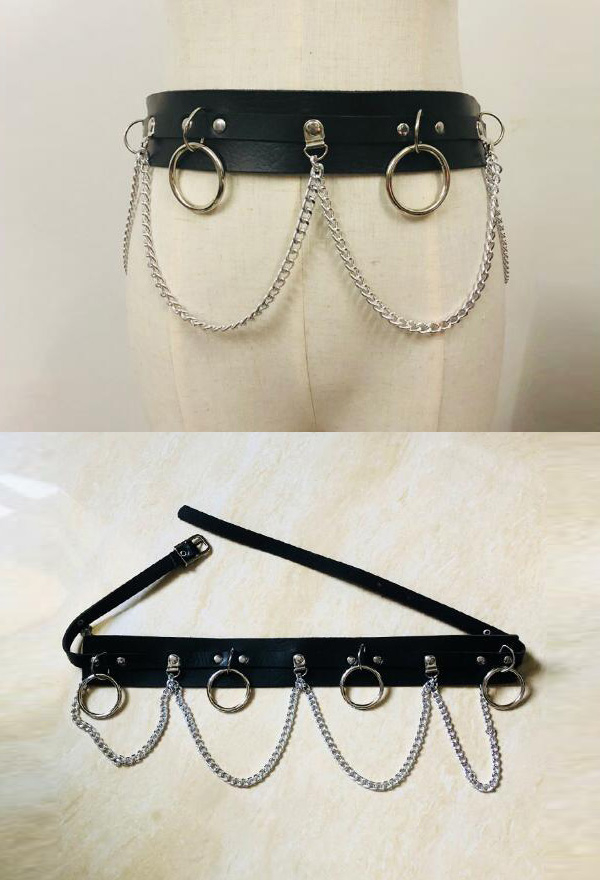 Gothic Chain Belt Punk Style PU leather Ring Belt