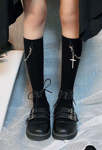 Gothic Loita Punk Knee High Socks Dark Japanese Style Black Calf Socks with Cross Chain Pendants