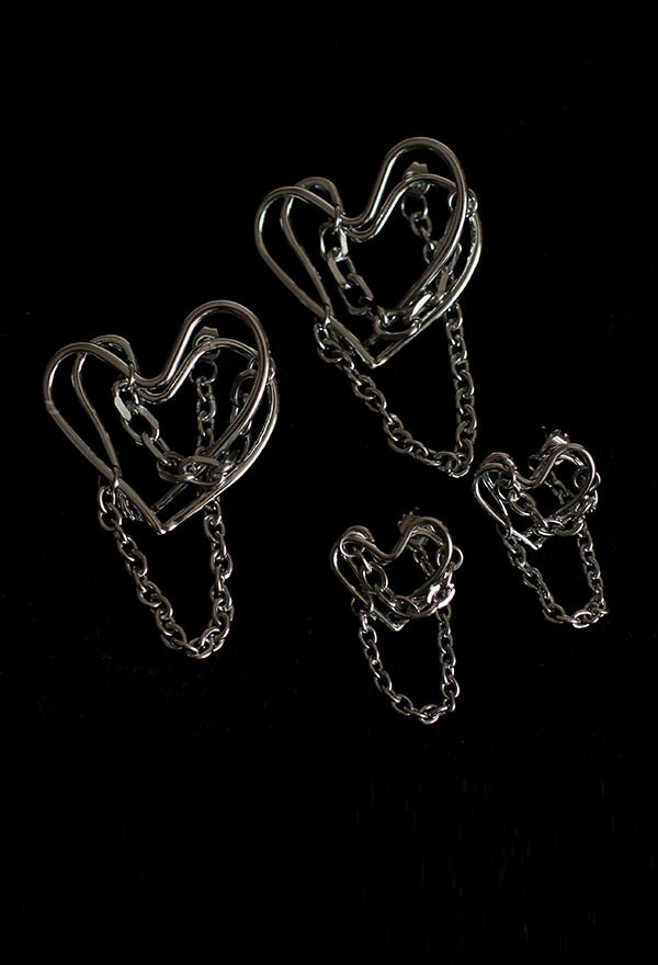 Gothic Punk Double Heart Hollow Earring Silver Metal Chain Pendant Piercing Earrings