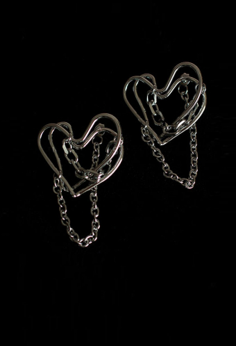 Gothic Punk Double Heart Hollow Earring Silver Metal Chain Pendant Piercing Earrings
