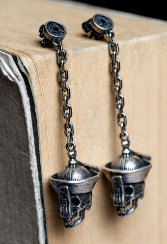 Gothic Skull Earrings in Retro Punk Style Sterling Silver Chain Pendant Earring