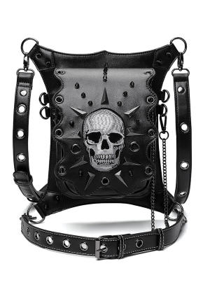 Gothic Skeleton Messenger Bag Steampunk Style Black PU leather Outdoor Motorcycle Bag
