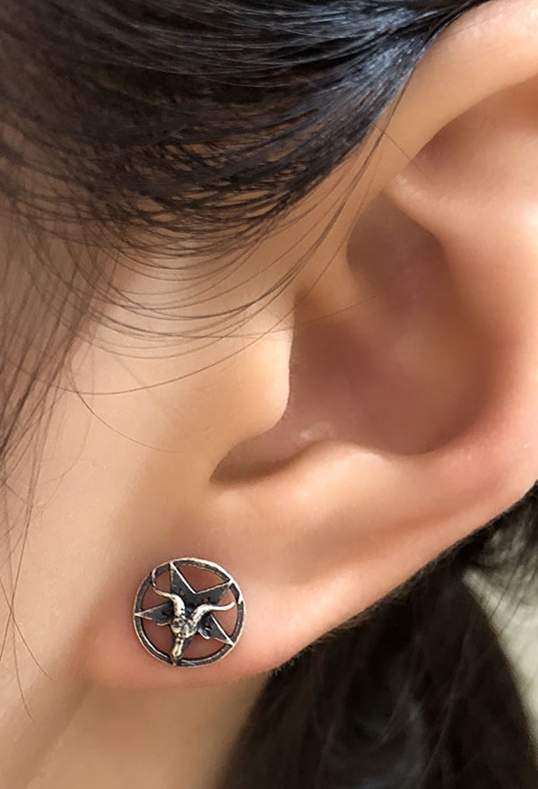 Gothic Goat Head Pentagram Earrings in Retro Punk Style Sterling Silver Earrings