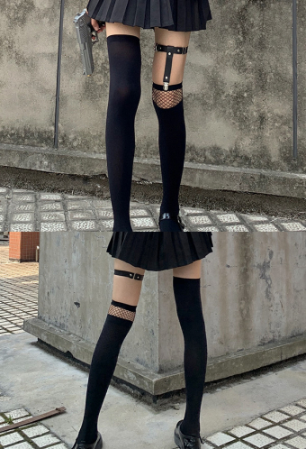 Gothic Halloween Over Knee Stockings Black Fishnet Three-Piece Set Socks with T Shape Leg Loop