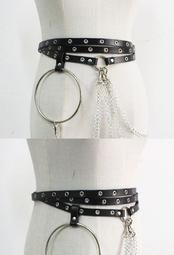 Gothic Punk Multi Strand Belt Dark Style Black Faux Leather Waist Chain Belt with Metal Ring Chain Pendant