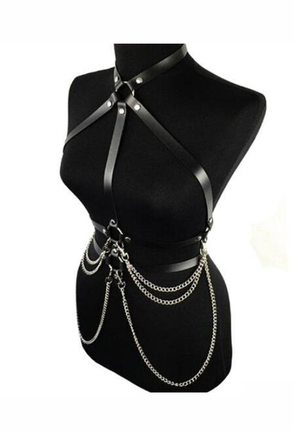 Gothic Punk Harness Belt Dark Style Black Faux Leather Waist Chain Belt with Metal Chain Pendant
