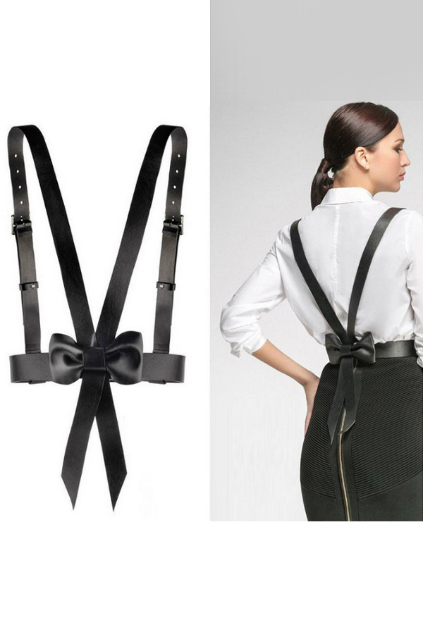 Gothic Suspender Waist Belt Punk Style Black Faux Leather Cute Bowknot Harness Cross Waist Belt