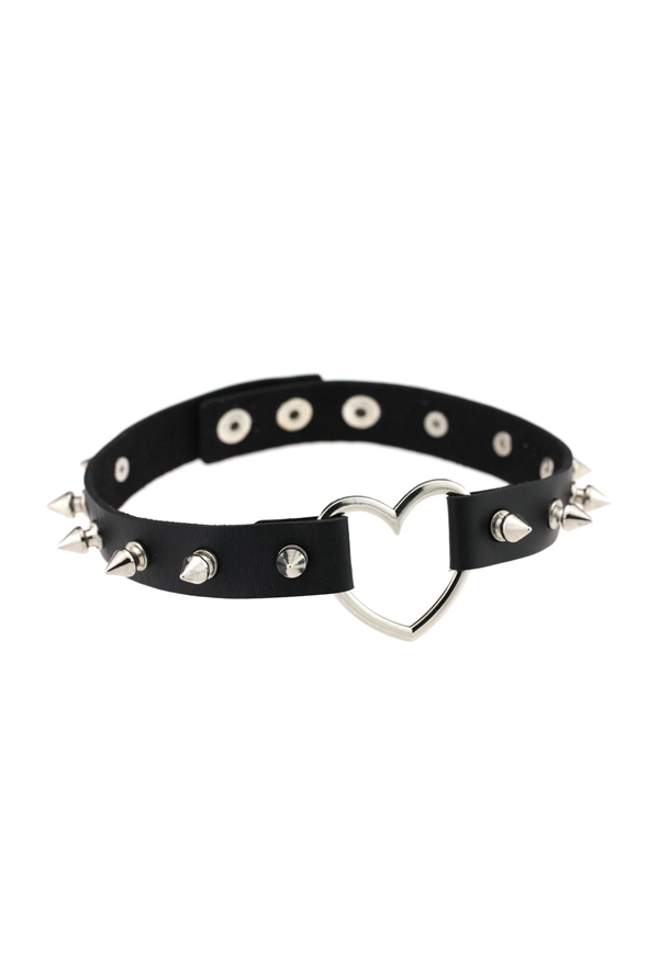 Gothic Rivet Choker Punk Style PU Leather Necklace with Hollow Heart