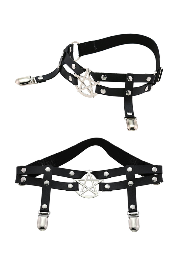 Gothic Punk Two Row Leg Harness Pentagram Hollow Out Leg Harness with Garter