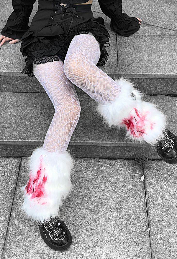 Lolita Bloody Plush Leg Warmers Punk White and Red Faux Fur Leg Covers