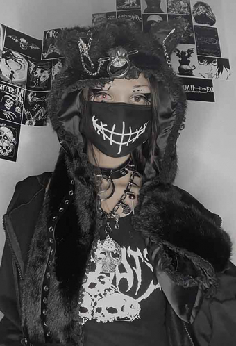 Gothic Punk Cat Ear Hat Dark Style Black Cotton Long Ear Flap Beanie Cap with Scarf